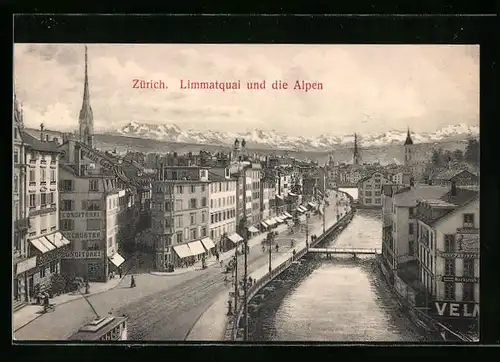 AK Zürich, Limmatquai und die Alpen
