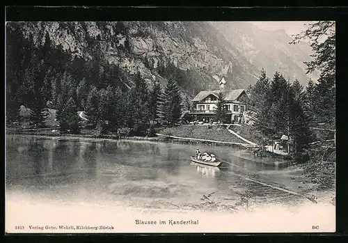 AK Blausee, Gebäudepartie und Ruderer im Kanderthal