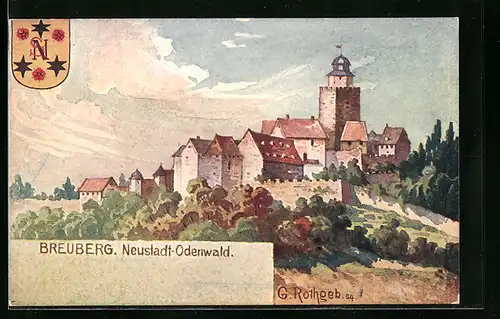 Künstler-AK Neustadt / Odenwald, Breuberg und Wappen