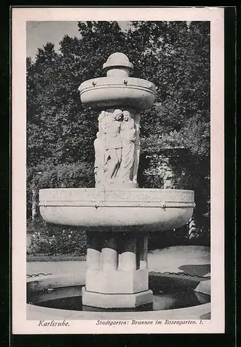 AK Karlsruhe, Stadtgarten, Brunnen im Rosengarten