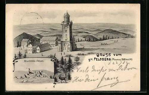 AK Feldberg / Taunus, Brunhildis-Felsen, Aussichtsturm auf dem Grossen Feldberg