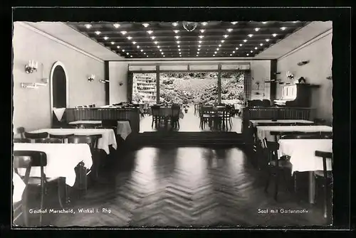 AK Winkel i. Rhg., Gasthof Merscheid, Saal mit Garten