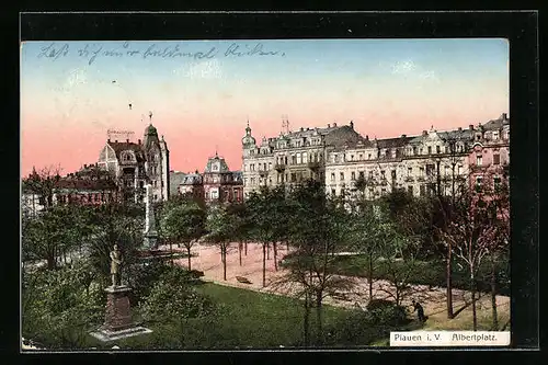 AK Plauen i. V., Albertplatz mit Denkmal