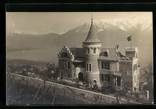 AK Locarno, Anwesen mit Turm aus der Vogelschau