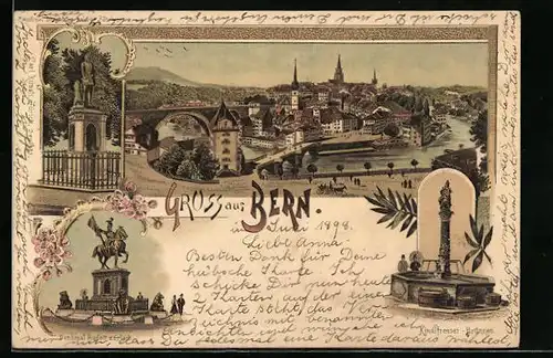Lithographie Bern, Ortsansicht mit Brücke, Denkmal Rudolf von Erlach
