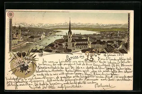 Lithographie Zürich, Panorama der Stadt mit Brücken und Bergpanorama