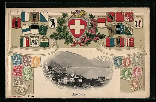 Präge-AK Montreux, Teilansicht mit See und Bergen, Schweizer Wappen, Kantonswappen