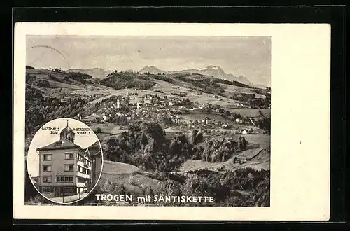 AK Trogen, Ortsansicht mit Säntiskette, Gasthaus zum Schäfle