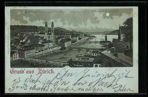 Mondschein-Lithographie Zürich, Grossmünster und Limmat mit Alpenblick