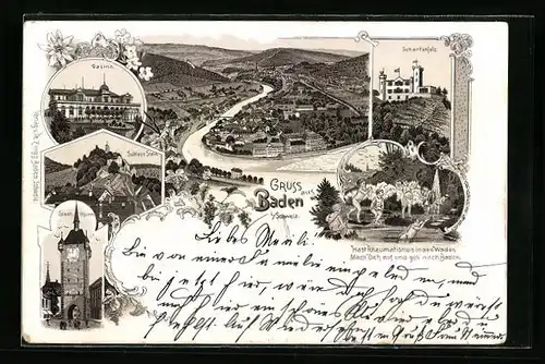 Lithographie Baden, Gesamtansicht, Casino, Stadtthurm