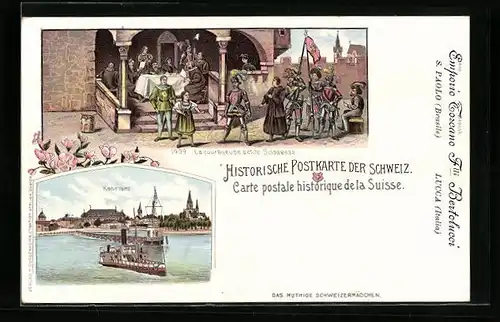 Lithographie Konstanz, Teilansicht mit Dampfer, Das mutige Schweizer Mädchen 1499