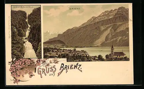 Künstler-AK Brienz, Teilansicht mit Blick auf die Berge, Giessbachfall