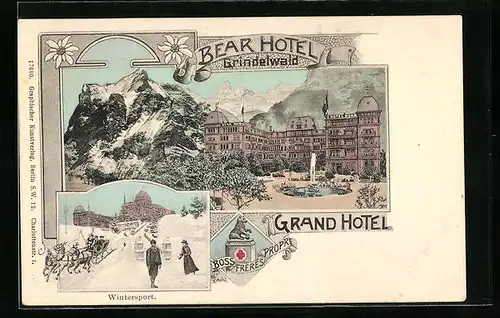 Künstler-AK Grindelwald, Grand Hotel Bear, Wintersport mit Pferdeschlitten