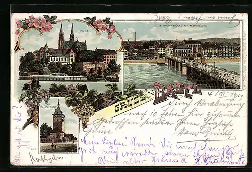 Lithographie Basel, Rheinbrücke mit Klein-Basel, Pfalz, St. Johannisthor