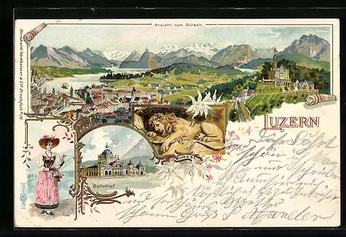 Lithographie Luzern, Ortsansicht vom Gütsch, Bahnhof, Luzernerin