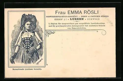 Künstler-AK Bern, Bernertracht, Reklame für das Kostümgeschäft Emma Rösli