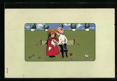 Präge-AK Kinderpaar mit Naschtüte auf dem Tennisplatz