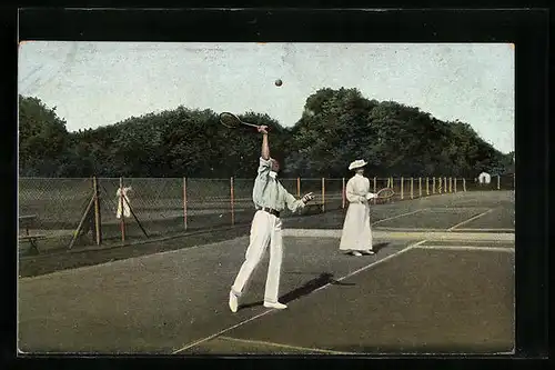AK Mann und Frau auf dem Tennisplatz
