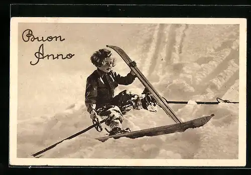 AK Kinder auf Skiern im Schnee, Neujahrsgruss