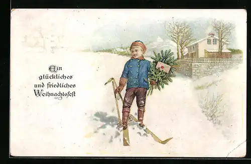 AK Junge auf Skiern mit Tannenzweigen und Brief, Weihnachtsgruss