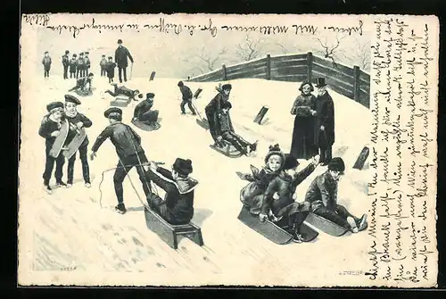 AK Kinder mit Schlitten an einem Abhang im Winter