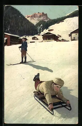 AK Mann auf Skiern und Herr auf einem Schlitten