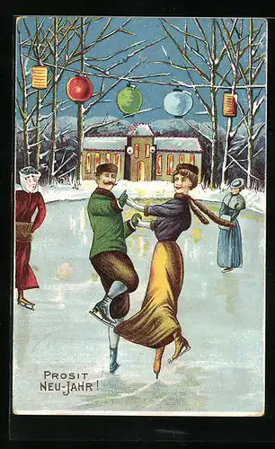 AK Paar auf Schlittschuhen unter Lampions, Neujahrsgruss