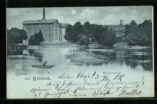 Mondschein-AK Reinbeck, Mühlenteich mit Boot