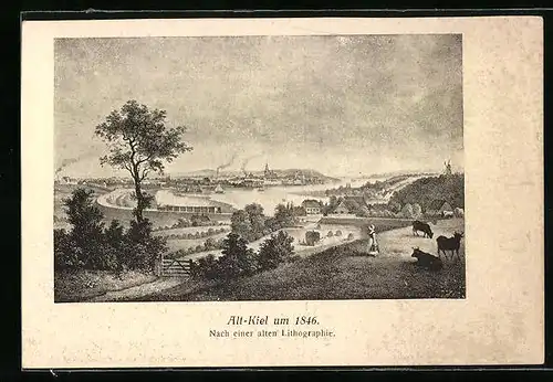 Künstler-AK Alt-Kiel, Uferpartie mit Frau und Rindern um 1846