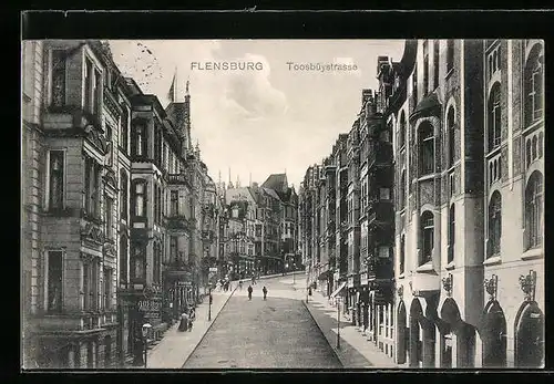 AK Flensburg, Toosbüystrasse mit Geschäften