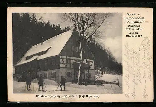 AK Kipsdorf, Sport- und Fremdenheim Putzmühle im Pöbeltal mit Skifahrern
