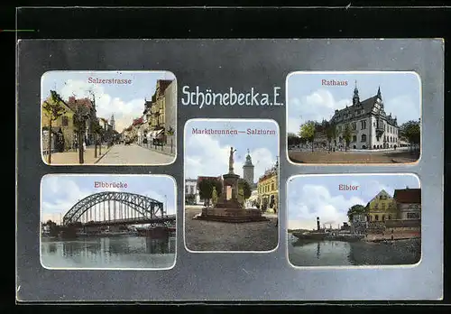 AK Schönebeck a. E., Rathaus, Elbbrücke, Elbtor