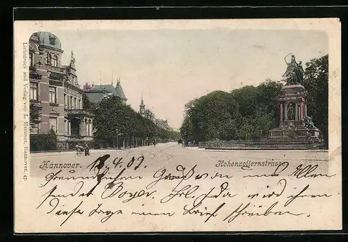 AK Hannover, Hohenzollernstrasse mit Denkmal