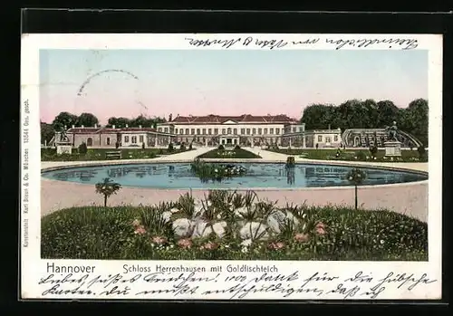 Goldfenster-AK Hannover, Schloss Herrenhausen mit Goldfischteich