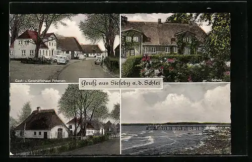 AK Sieseby a. d. Schlei, Gast- u. Geschäftshaus Petersen, Schule, Strand