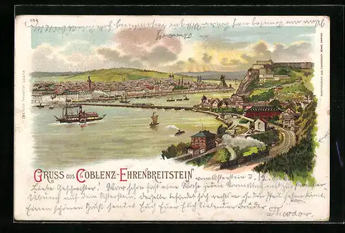Lithographie Koblenz-Ehrenbreitstein, Teilansicht mit Dampfer