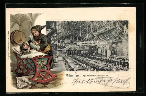 Passepartout-Lithographie München, Münchner Hofbräuhaus mit Münchner Kindl