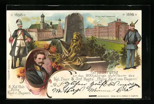 Lithographie Augsburg, Erinnerung an das 200 jährige Jubiläum des Kgl. Bayr. Inf. Regts. Prinz Karl von Bayern 1698-1898