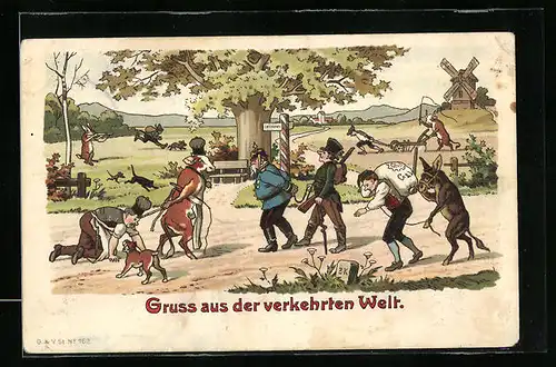 Künstler-AK Vermenschlichte Tiere, verkehrte Welt, Kuriosa