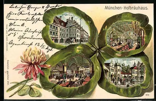 Passepartout-Lithographie München, Hofbräuhaus in verschiedenen Ansichten, Kleeblatt
