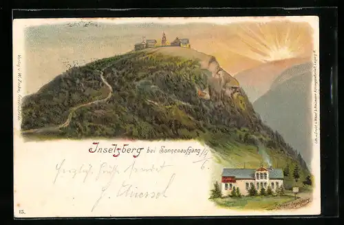 Lithographie Inselsberg bei Sonnenaufgang, Berg mit Gesicht, Berggesichter