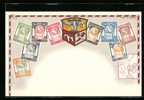 AK Siam, Briefmarken verschiedener Werte, Wappentier Elefant, Landkarte der Region