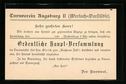 AK Augsburg, TV Augsburg II, Wertach-Vorstädte, Ganzsache Bayern, Frech unbekannt