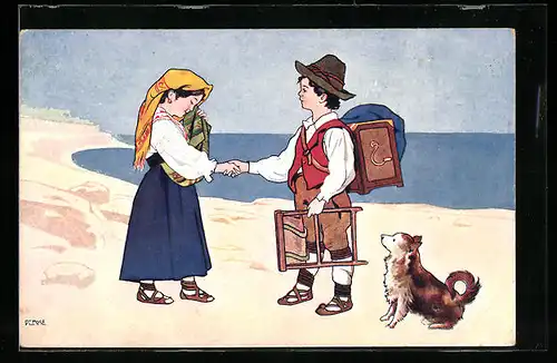 Künstler-AK Kinder mit Leierkasten am Strand