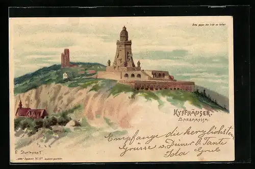 Lithographie Kyffhäuser, Kaiser Wilhelm-Denkmal, Halt gegen das Licht: Barbarossa mit Zwerg