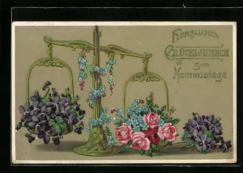 Künstler-AK Waage mit Blumenschmuck, Geburtstagsgruss