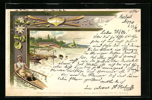 Lithographie Seepartie mit Ruderer im Sportdress, Ruderboot, Blumen