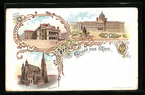 Lithographie Wien, Hofoper und Stefansdom