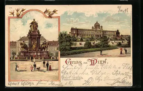 Lithographie Wien, Maria-Theresien-Denkmal und K.K.Museum