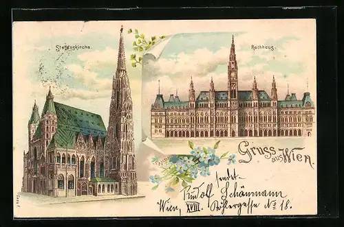 Lithographie Wien, Rathaus und Stefanskirche